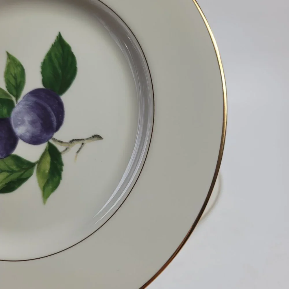 TWO Mikasa Plum Court L3132 Salad Plates White with Purple Plums & Green Leaves